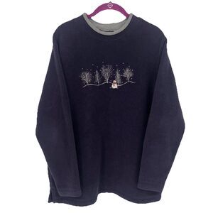 C&B Sport Fleece Pullover Womens Large Navy  Snowman Embroidered Holiday Vintage